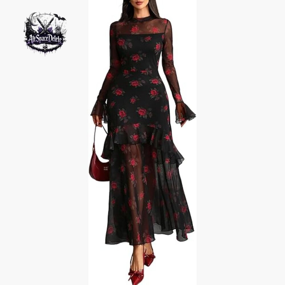Sheer Mesh Bell Sleeve Maxi Dress with Ruffle Hem Floral Gothic Romantic